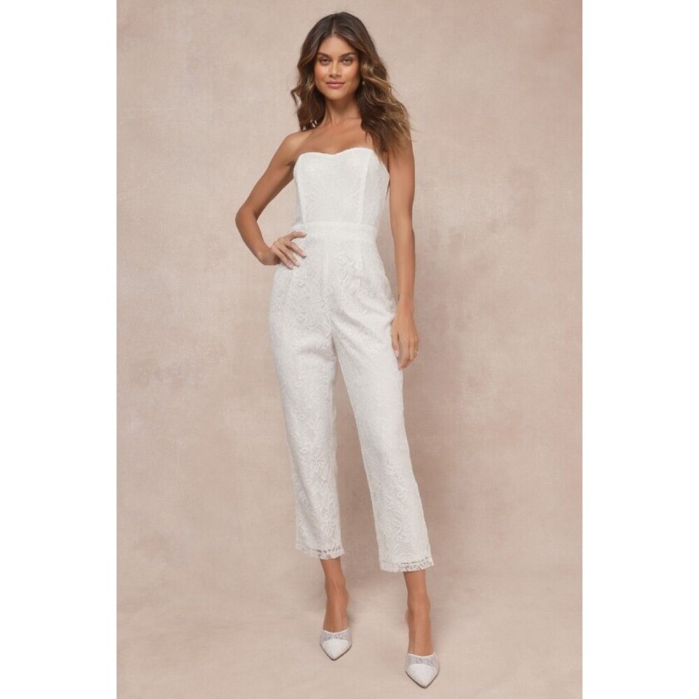 Lulus Redefined Elegance White Floral Lace Sequin Strapless Jumpsuit - Size S